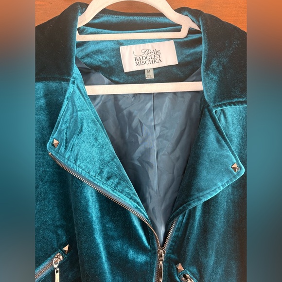 Belle by Badgley Mischka Teal Velvet Moto Jacket - Picture 5 of 9